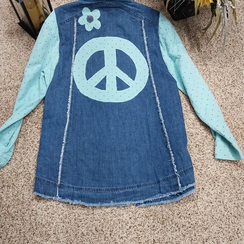 3655 Size Small Easel Upcycled Jean Shacket In Teal and Blue. NWT